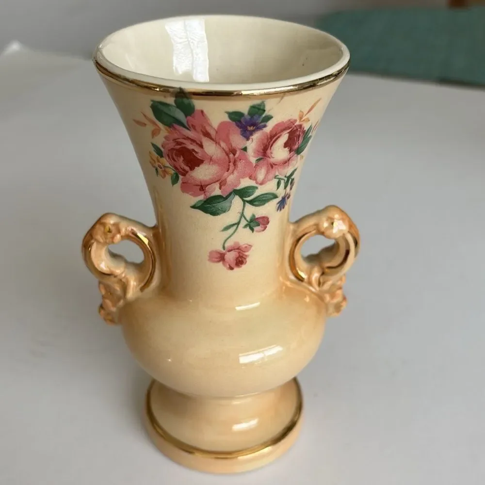 Vintage 1940s Spaulding China Co Wild Rose 6” Vase Gold Decoration